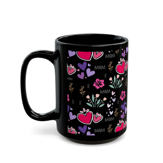 Mom Love Black Mug - 11oz & 15oz - Heart Pattern Coffee Cup for Mother's Day & Special Occasions